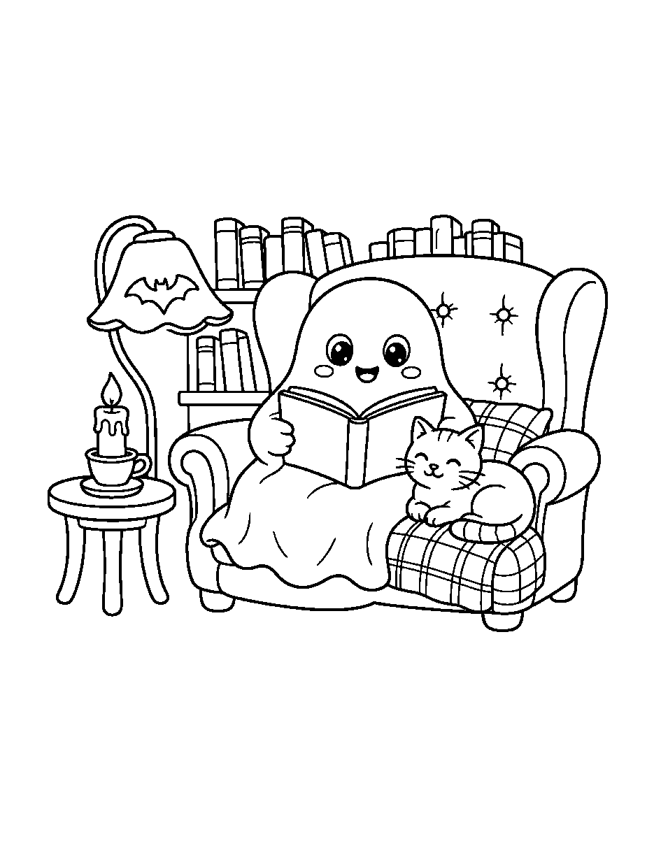 Cozy Reading Ghost coloring page