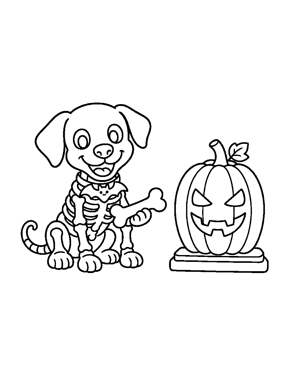 Skeleton Pup & Pumpkin coloring page
